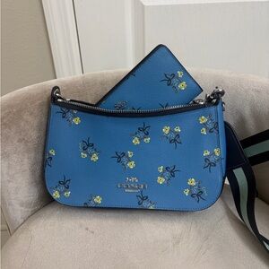 Coach Blue and Yellow Floral Shoulder Bag